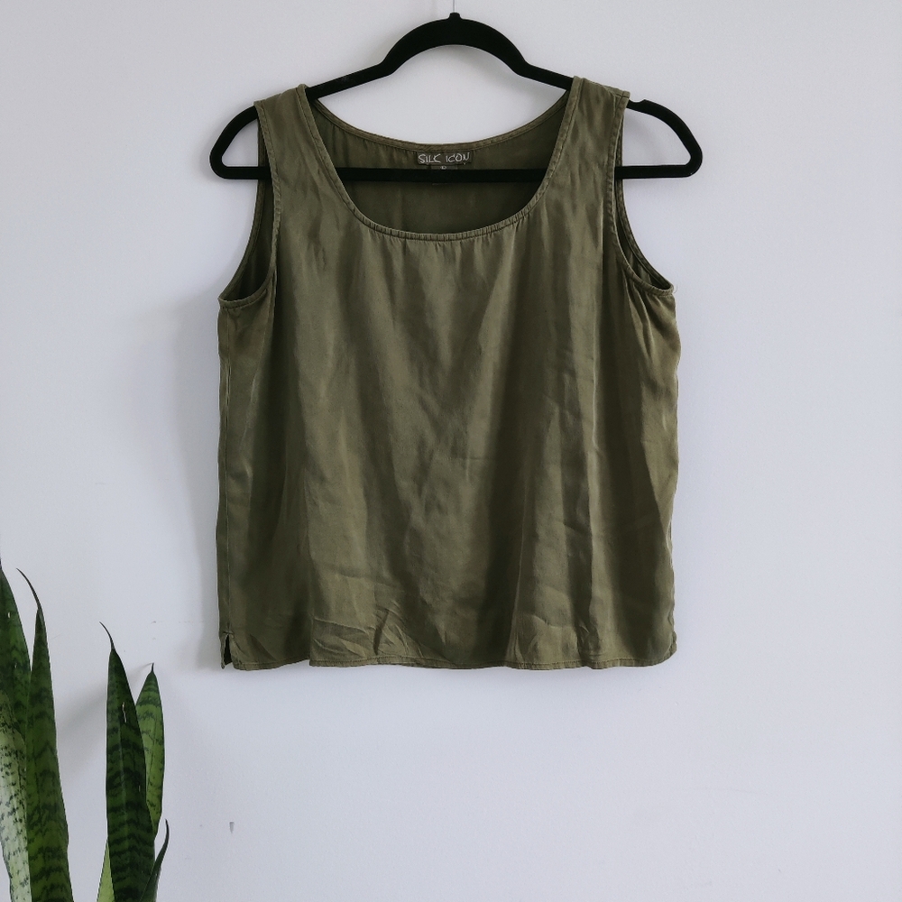 Silk Icon 93% Silk Olive Tank Top Minimalist Capsule Size M